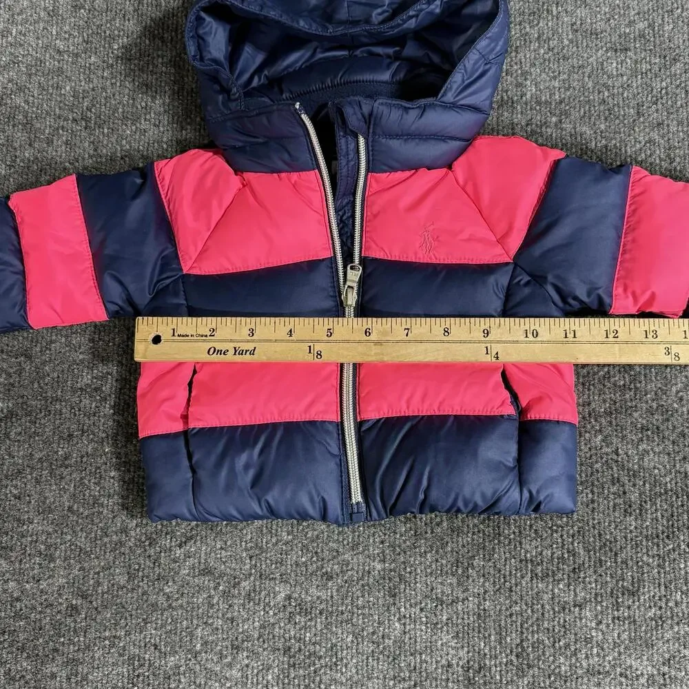 Ralph Lauren Jacket Infant Girls 3M Pink Navy Striped Hooded Down Puffer Winter